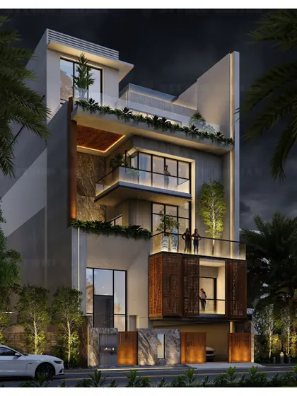 A night-time render of a 302 sq. yard home in Pitampura, New Delhi. The lighting design is crucial, creating a warm and inviting glow that accentuates the architectural features.