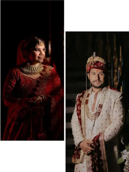 A diptych of the bride and groom's individual portraits, showcasing their regal wedding attire against a dark, dramatic background.