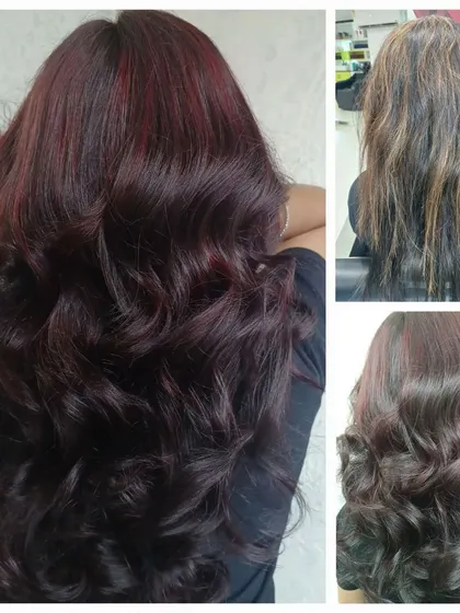 When a client has a lot of existing yellow tones but wants to add violet, it requires a deep understanding of the color wheel. I used primary colors to neutralize the yellow, allowing the beautiful violet and red tones to shine through.