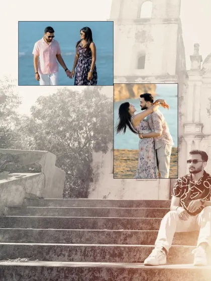 A beautiful pre-wedding album layout that combines solo portraits with romantic couple shots, set against a backdrop of historic architecture.