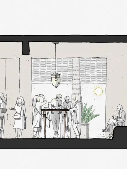 This sectional sketch of Benne reveals the spatial storytelling at play. It shows the choreography between the street, the transparent facade, and the open dosa counter at the heart of the space. The design encourages connection and comfort, honoring tradition within a modern framework.