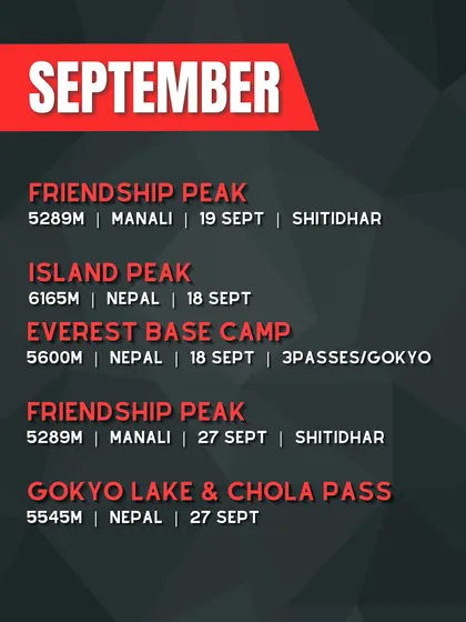Our trek calendar for September 2025. A perfect month for climbing Friendship Peak in Manali or tackling technical peaks like Island Peak in Nepal.