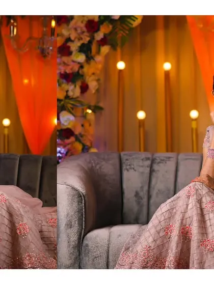 A diptych showing two portraits of a woman in a lovely pink lehenga during her Mehendi celebration.