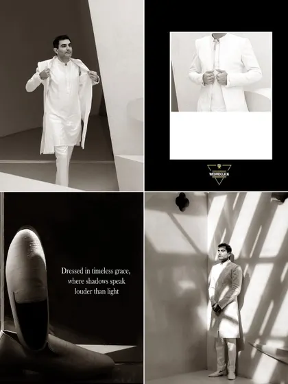 A collage of the groom's portraits, showcasing his stylish white engagement suit in various poses.