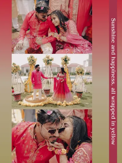 This collage captures the playful and loving moments of the Haldi, from a sweet kiss on the cheek to the couple enjoying the rituals together.