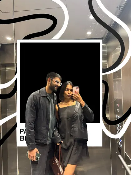A peek into a fragment of my brain. A cool, graphic edit of a couple's elevator selfie with a Pantone-style frame.