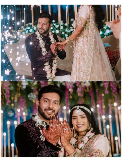 A collage showing the ring exchange and the couple's happy reaction.