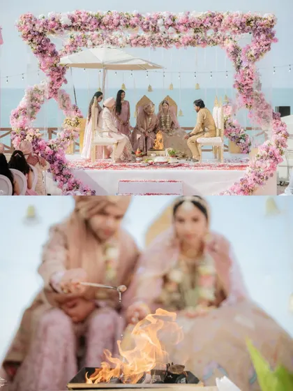 A collage showing the grand scale of the beachside mandap and a close-up of the couple performing the 'havan' ritual.