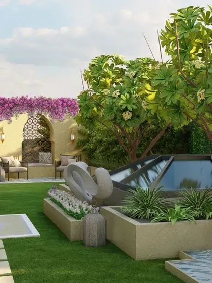 A 3D render of a Moroccan-style terrace garden in Delhi. The design incorporates characteristic elements like arches, intricate jaalis, bougainvillea, and patterned paving to create a serene and exotic private escape.
