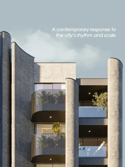 A close-up view of a contemporary facade, showing how it responds to the city's rhythm and scale. The curved balconies and textured surfaces create a calm, composed living environment.