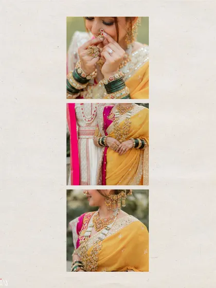 This vertical collage captures the fine details of the bride's Marathi look. It includes close-ups of her nath, her hands adorned with green bangles, and the intricate jewelry on her neck and ears.