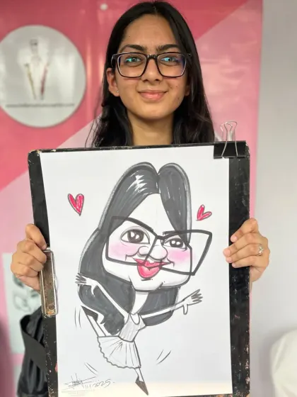 This guest's caricature is sweet and charming, with a dancing pose and hearts.