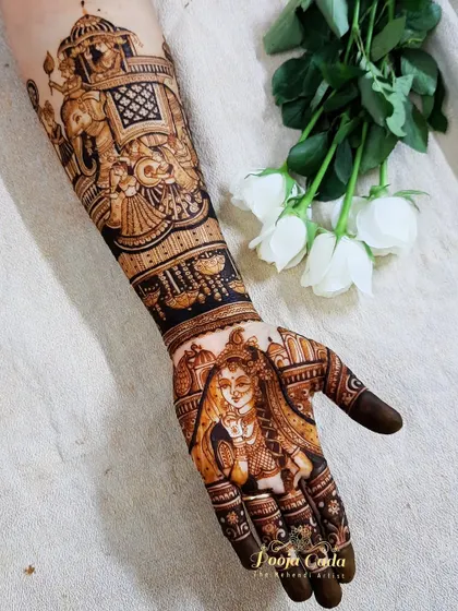 A heavy bridal design featuring a Radha portrait and a baraat scene, inspired by the work of other great artists.