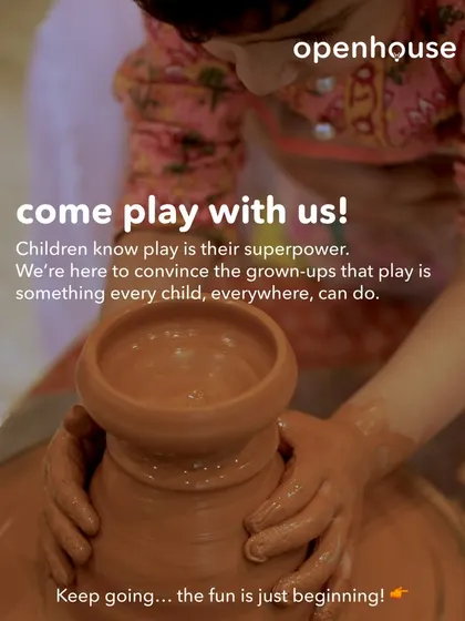 Come play with us! We believe play is a child's superpower. This image of a child's hands covered in clay during a pottery session shows our commitment to hands-on, joyful learning.