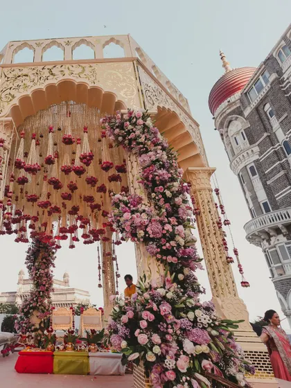 A collection of images from a wedding at the Taj Mahal Palace, showing the bride, the decor, and the iconic venue.