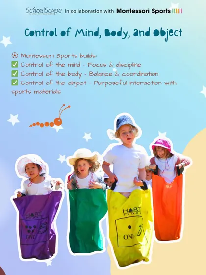 Montessori Sports builds control of the mind, body, and object. It develops focus, balance, and purposeful interaction with sports materials.