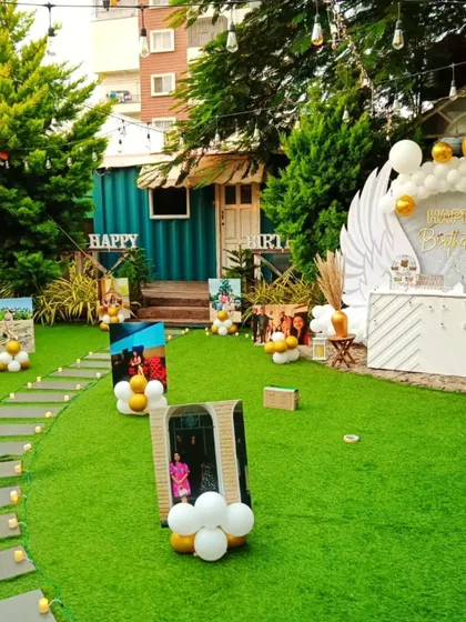 Another view of the memory lane photo gallery, showing how it can be integrated into the overall outdoor party design.