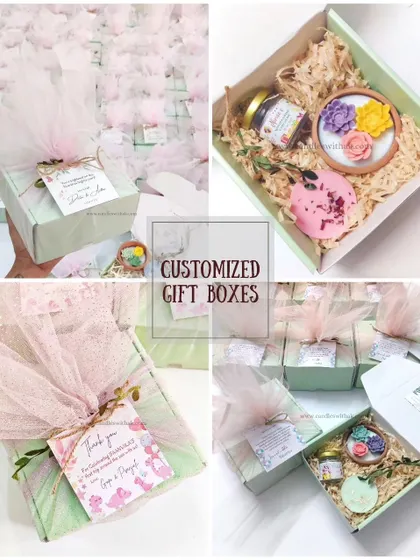 This collage displays my customized gift boxes, a perfect option for birthday return gifts. It shows how I combine candles, wax sachets, and chocolates into beautiful, themed hampers.