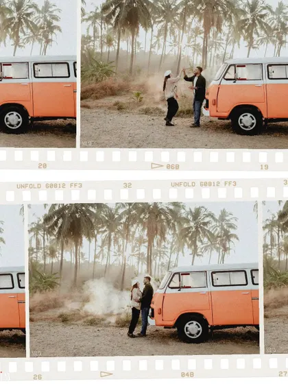 A collage showing the couple's playful interactions and the smoky, atmospheric setting of their van shoot.