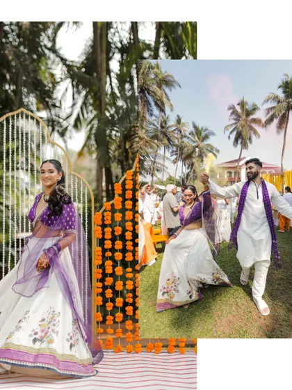 A collage capturing the bride's entrance and the couple's dance at their Haldi.