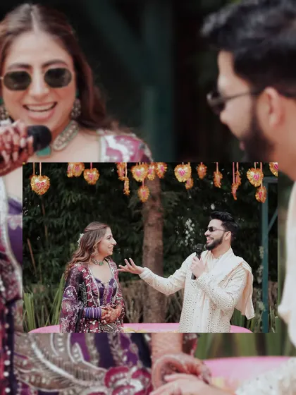 A fun, candid collage of the couple interacting during their Haldi event. Their smiles and playful gestures show the relaxed and happy atmosphere of the day.