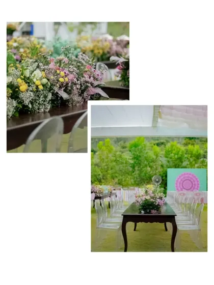 A collage showing details from our 'Mehendi Fiesta in Technicolor'. The images highlight the colorful floral arrangements and the overall vibrant, artsy vibe of the event.