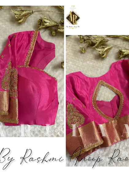 A simple yet elegant pink blouse with a keyhole cutout at the back. The neckline and sleeves are highlighted with subtle paisley embroidery, making it versatile for many sarees.