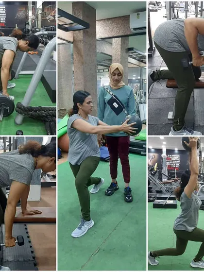 This collage shows a mentoring session in Kochi, led by our tutor Neha Chopra. You can see the variety of exercises covered, from dumbbell rows and lunges to deadlifts, all with a focus on personalized, practical guidance.