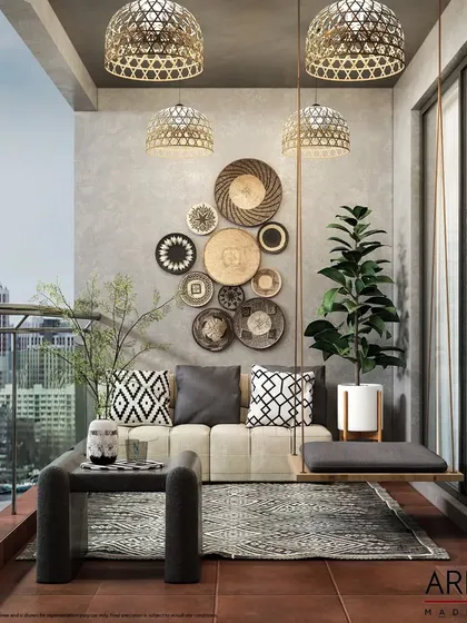 A bohemian-inspired balcony featuring a hanging swing, a low sofa, and a gallery wall of woven baskets. The natural textures and materials create a relaxed, earthy vibe.