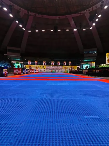 A ground-level view of the competition tatami at Talkatora Stadium. We use official, high-grade mats to ensure athlete safety and performance.