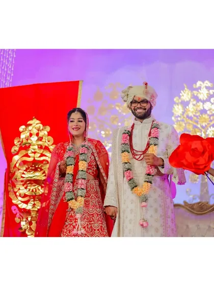 The couple on stage during their varmala ceremony.