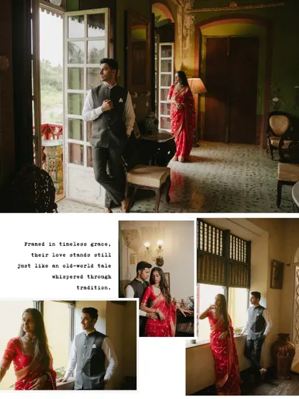 A collage from a heritage shoot, showing the couple in various classic poses. The images capture the grace and timelessness of their love, framed by vintage interiors.