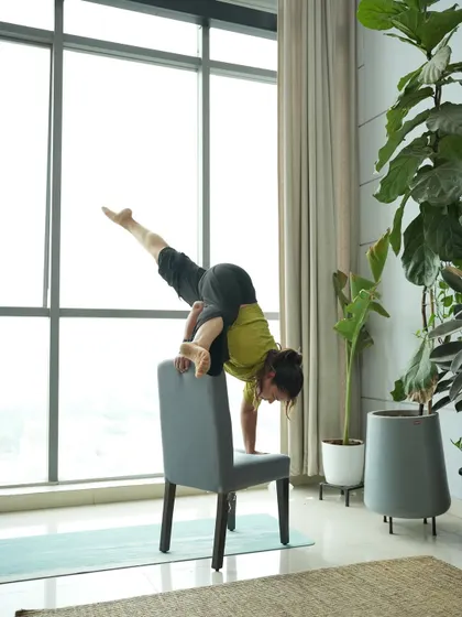 Technique gives you control; awareness gives you courage. Here in Eka Pada Koundinyasana on a chair, I combine both.