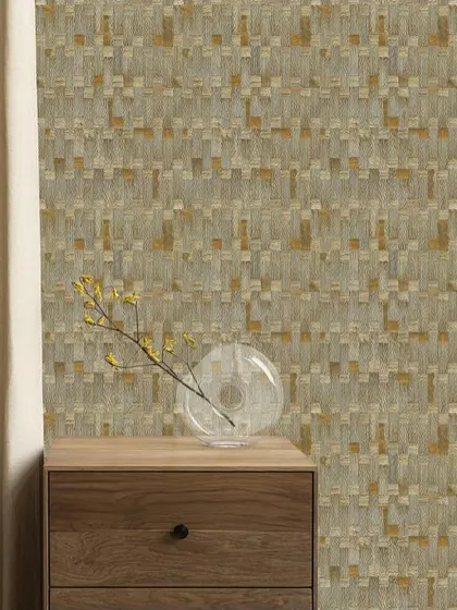 A close-up of a textured design from the Prakriti collection. This pattern uses natural, earthy tones and a woven appearance to add subtle warmth and sophistication, ideal for a minimalist bedroom.