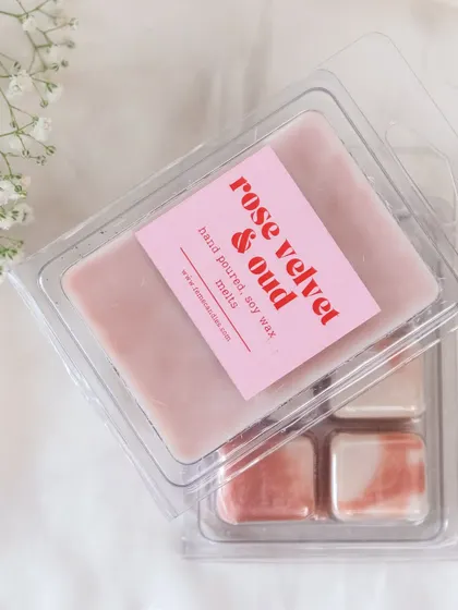 A close-up of our 'Rose Velvet & Oud' wax melt, a luxurious and romantic fragrance.