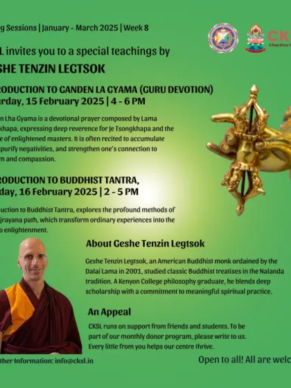 We are honored to host Geshe Tenzin Legtsok for special teachings. An American monk ordained by His Holiness the Dalai Lama, his deep scholarship in the Nalanda tradition enriches our community immensely.