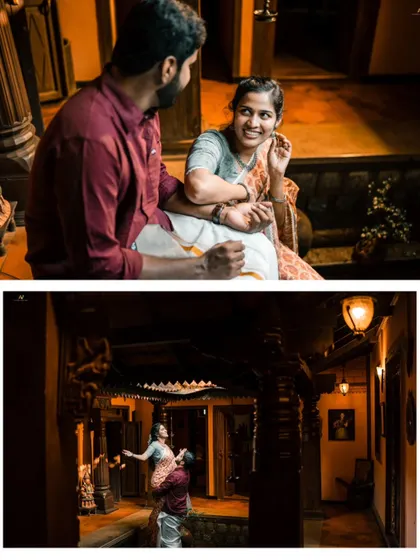 A collage showing a couple's playful and romantic dance inside a heritage home, highlighting the beautiful architecture and their joyful connection.