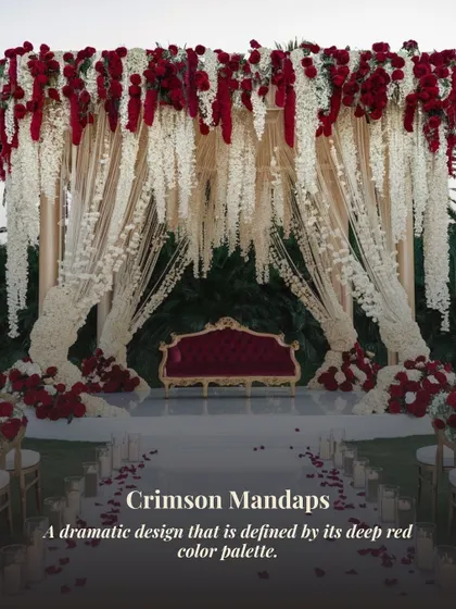 A "Crimson Mandap" is for couples who want drama and passion. This design uses a deep red and white color palette to create a bold and unforgettable look.