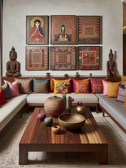 An Indian-inspired living room with traditional artwork and colorful cushions. The wooden furniture and warm tones create a welcoming and culturally rich atmosphere.
