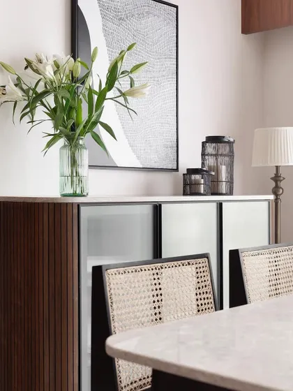 A close-up of the dining area with my Jeanneret chairs.