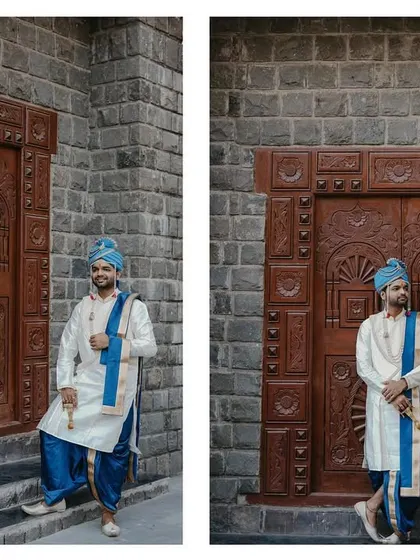A diptych showing the groom posing in front of a rustic, carved wooden door, showcasing his full traditional wedding outfit.