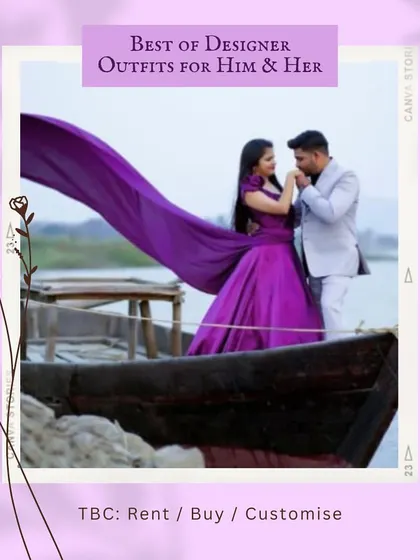 Create movie-like moments with our unique rental outfits. This vibrant purple flying gown adds a splash of color and drama, especially for a romantic pre-wedding shoot on the water. We style both of you to ensure your looks are perfectly in sync.