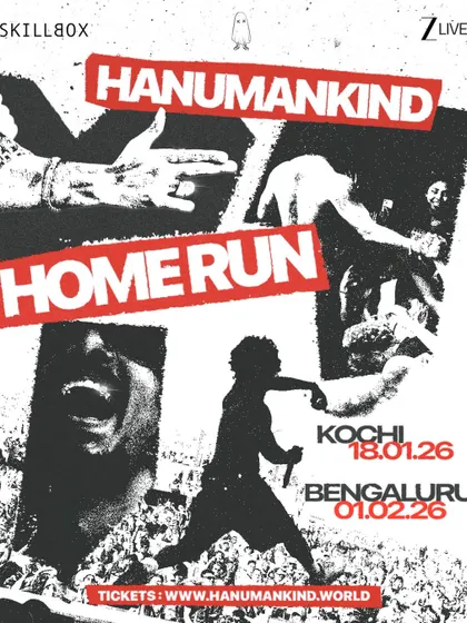 The official announcement poster for the Hanumankind Homerun Tour in Kochi and Bangalore.