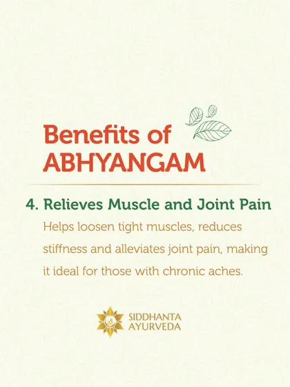 Abhyangam is ideal for relieving muscle and joint pain. The therapy helps loosen tight muscles, reduce stiffness, and alleviate chronic aches associated with Vata imbalance.