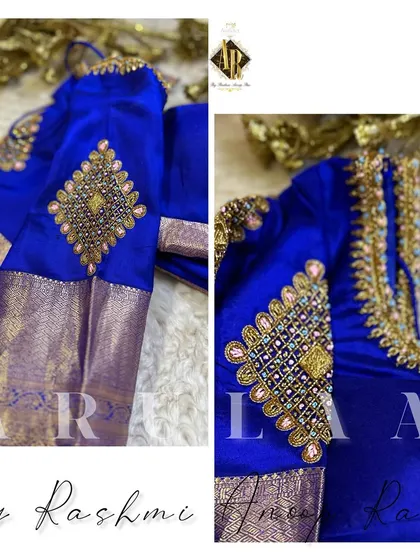 A royal blue blouse featuring a diamond-shaped buta on the sleeve, intricately filled with zardosi and stonework. The neckline is highlighted with a detailed border to match.