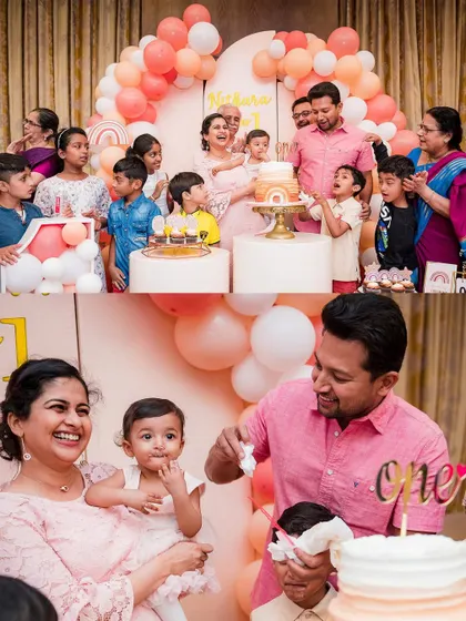 Capturing the joy of a first birthday party, from the group celebration around the cake to the sweet messiness of a baby's first bite.
