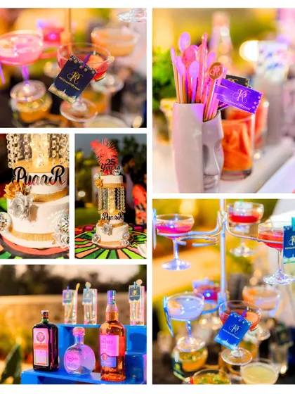 A collage of details from a 25th-anniversary celebration. From the cake to the cocktails, every element, including our personalized drink tags, was perfectly coordinated.