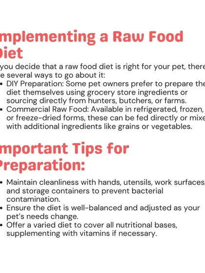 If you decide to implement a raw food diet, you can either prepare it yourself or use commercial options. Proper hygiene during preparation is critical to prevent bacterial contamination.