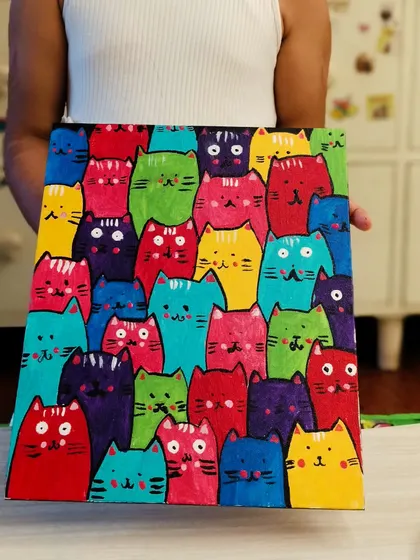 Another fantastic version of our popular cat pattern painting. Each student adds their own flair with different color combinations and expressions.
