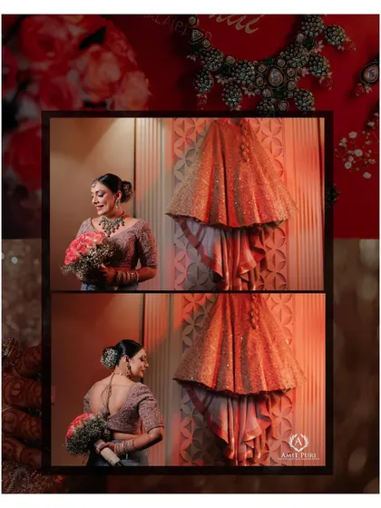 A creative collage showing the bride with her bouquet next to a detail shot of her wedding lehenga. This tells a story of her complete bridal look, from the dress to the final accessories.
